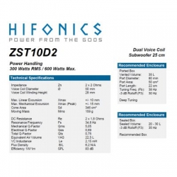 HiFonics ZST10D2 - subwoofer średnica 250 mm, moc 300 Wat RMS, Impedancja 2x2 Ohm